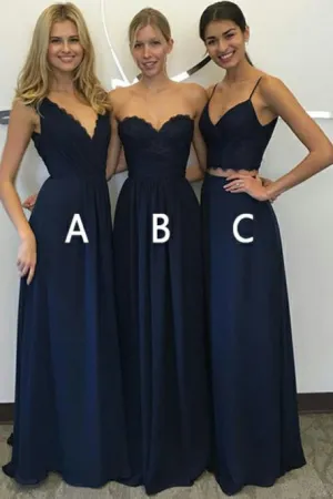 A-Line V-Neck Floor-Length Dark Blue Chiffon Bridesmaid Dress with Lace OHS002