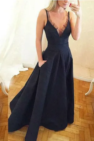 A-Line V-Neck Floor-Length Sleeveless Long Prom Dress with Lace Pockets OHC060