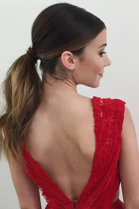 A-Line V-Neck Sleeveless Backless Sweep Train Red Lace Prom Dress OHC085