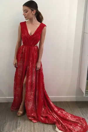 A-Line V-Neck Sleeveless Backless Sweep Train Red Lace Prom Dress OHC085