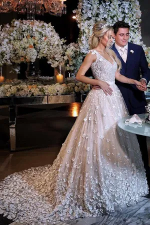A-Line V-Neck Sweep Train Ivory Wedding Dress with Appliques OHD084