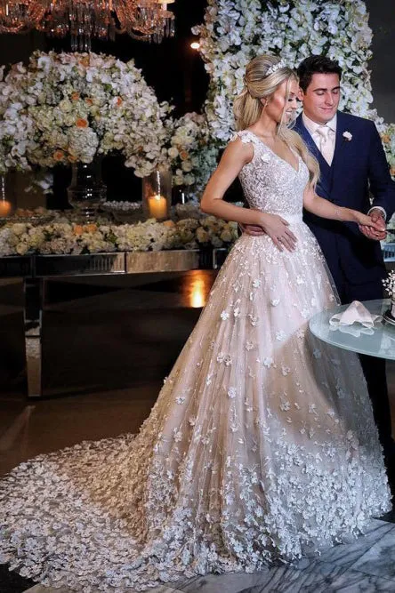 A-Line V-Neck Sweep Train Ivory Wedding Dress with Appliques OHD084