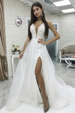 A-Line V-Neck Sweep Train White Lace Wedding Dress with Split OHD046