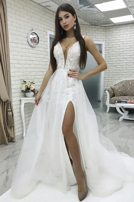 A-Line V-Neck Sweep Train White Lace Wedding Dress with Split OHD046