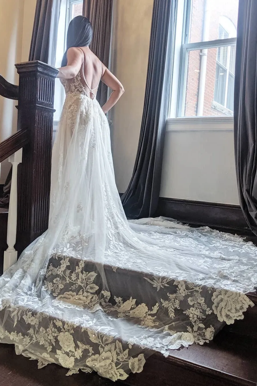 A Line Wedding Dresses with Long Trains Wedding Dress Custom Made Wedding Gown Bridal Gown OHD179
