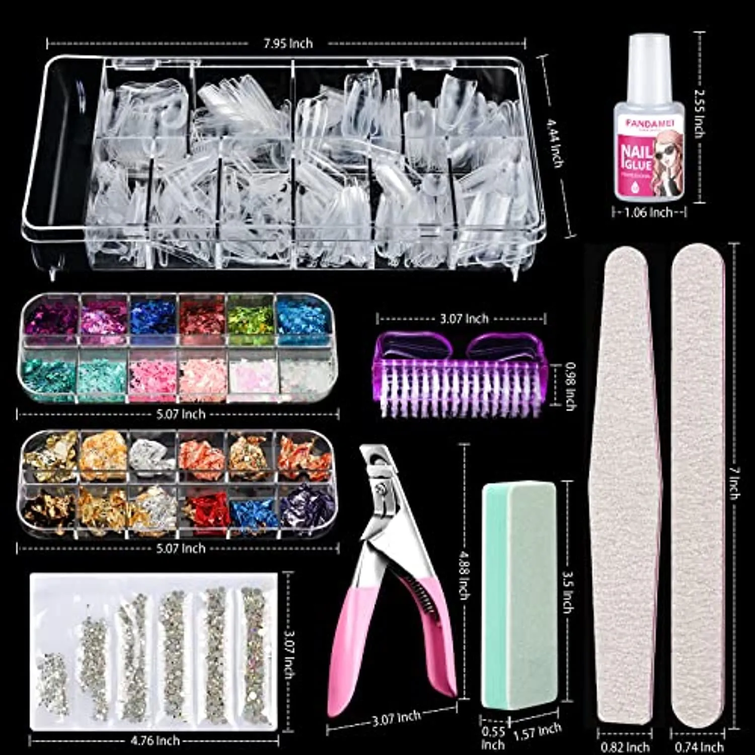 Acrylic False Nail Tips kit, FANDAMEI 600 PCS Full Cover Clear Fake Nail Tips with Nail Glue, Nail Butterfly Glitter, Nail Foil Chip, AB Nail Rhinestones,Nail Clipper,Nail File, Nail Brush,Nail Buffer