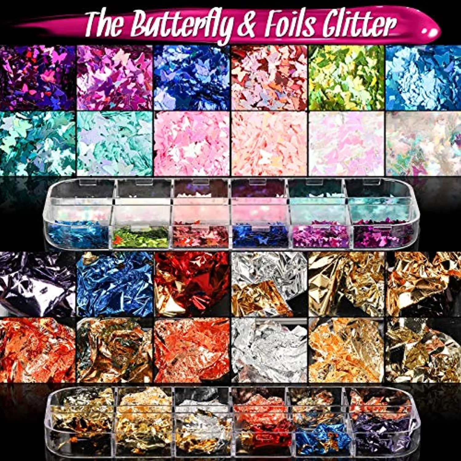 Acrylic False Nail Tips kit, FANDAMEI 600 PCS Full Cover Clear Fake Nail Tips with Nail Glue, Nail Butterfly Glitter, Nail Foil Chip, AB Nail Rhinestones,Nail Clipper,Nail File, Nail Brush,Nail Buffer