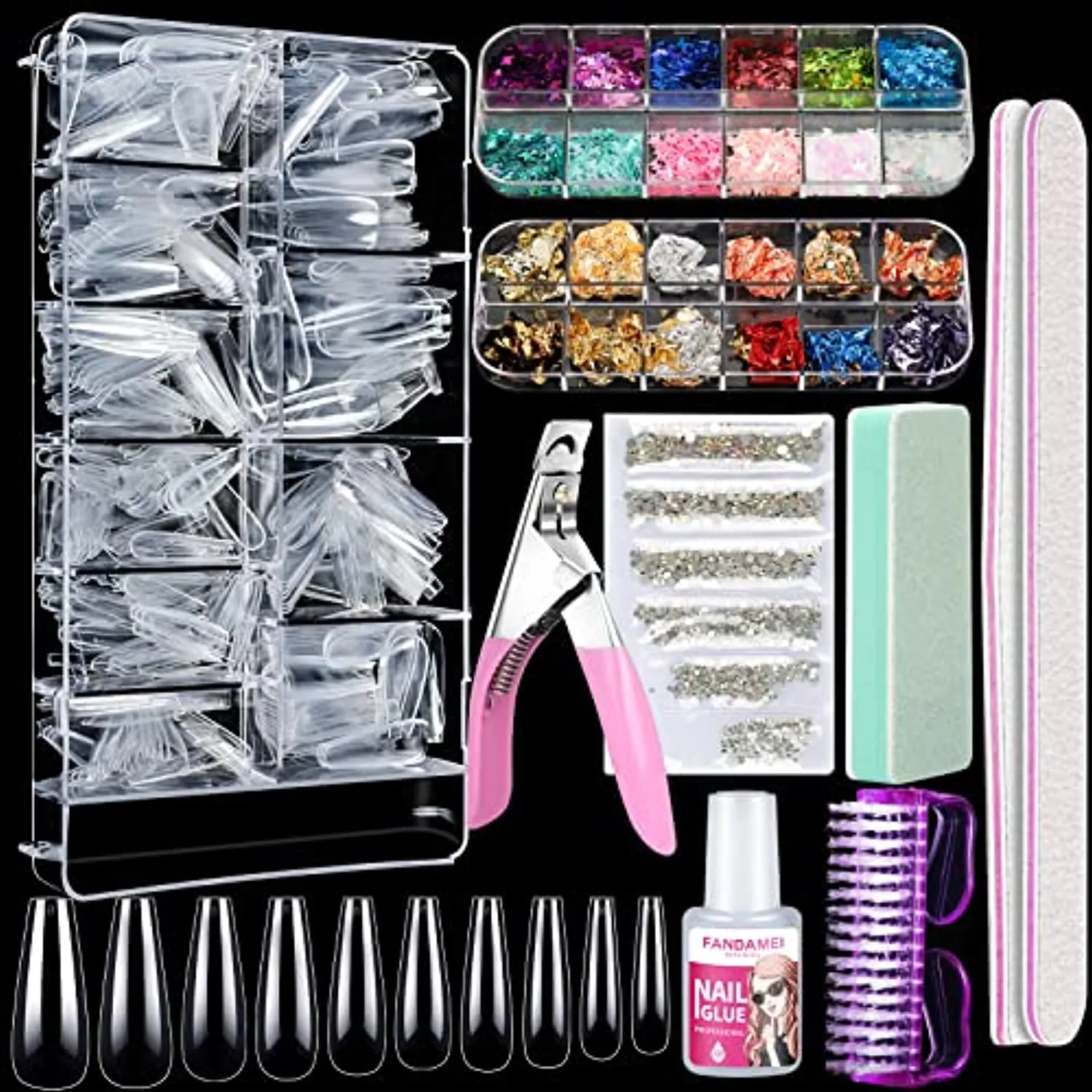 Acrylic False Nail Tips kit, FANDAMEI 600 PCS Full Cover Clear Fake Nail Tips with Nail Glue, Nail Butterfly Glitter, Nail Foil Chip, AB Nail Rhinestones,Nail Clipper,Nail File, Nail Brush,Nail Buffer