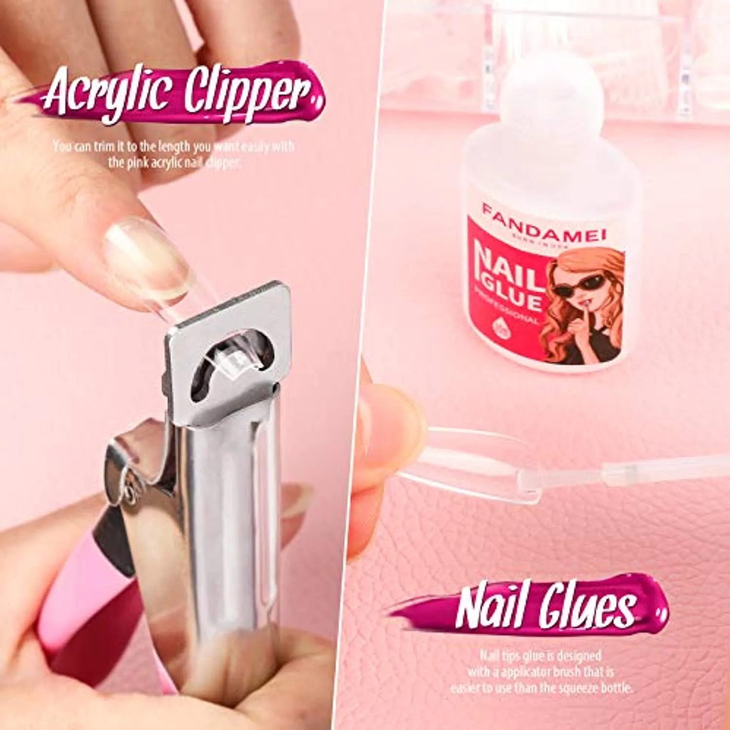 Acrylic False Nail Tips kit, FANDAMEI 600 PCS Full Cover Clear Fake Nail Tips with Nail Glue, Nail Butterfly Glitter, Nail Foil Chip, AB Nail Rhinestones,Nail Clipper,Nail File, Nail Brush,Nail Buffer