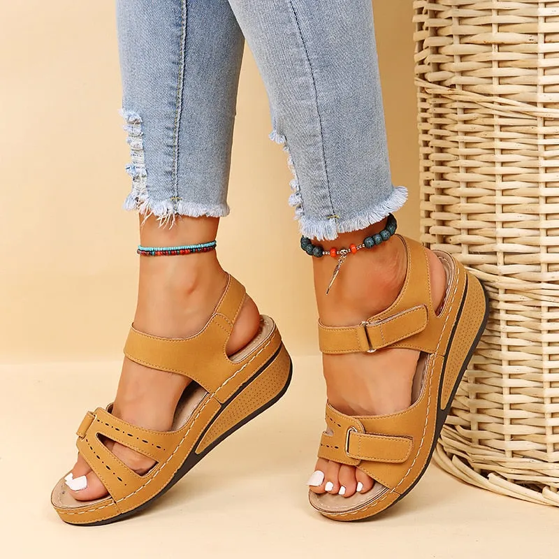 Adjustable Velcro Strap Wedge Sandals for Women