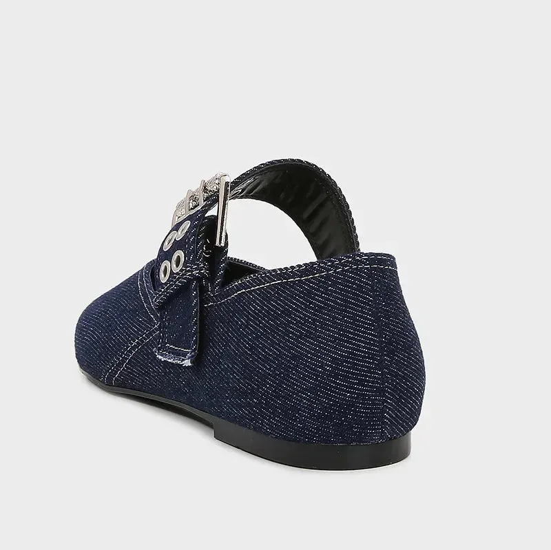 ADVBRIDGE  -  Denim Blue Flat Ballet Flats Women Fashion Metal Buckle Strap Design Flats Shoes Light Breathable Mary Jane Shoe Designer Shoes