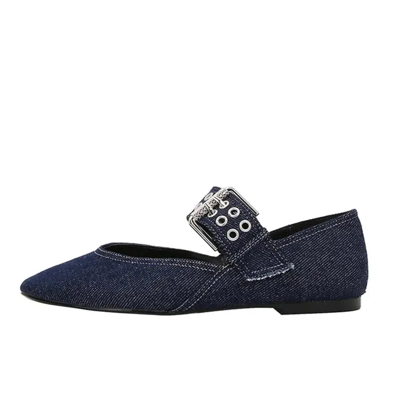 ADVBRIDGE  -  Denim Blue Flat Ballet Flats Women Fashion Metal Buckle Strap Design Flats Shoes Light Breathable Mary Jane Shoe Designer Shoes