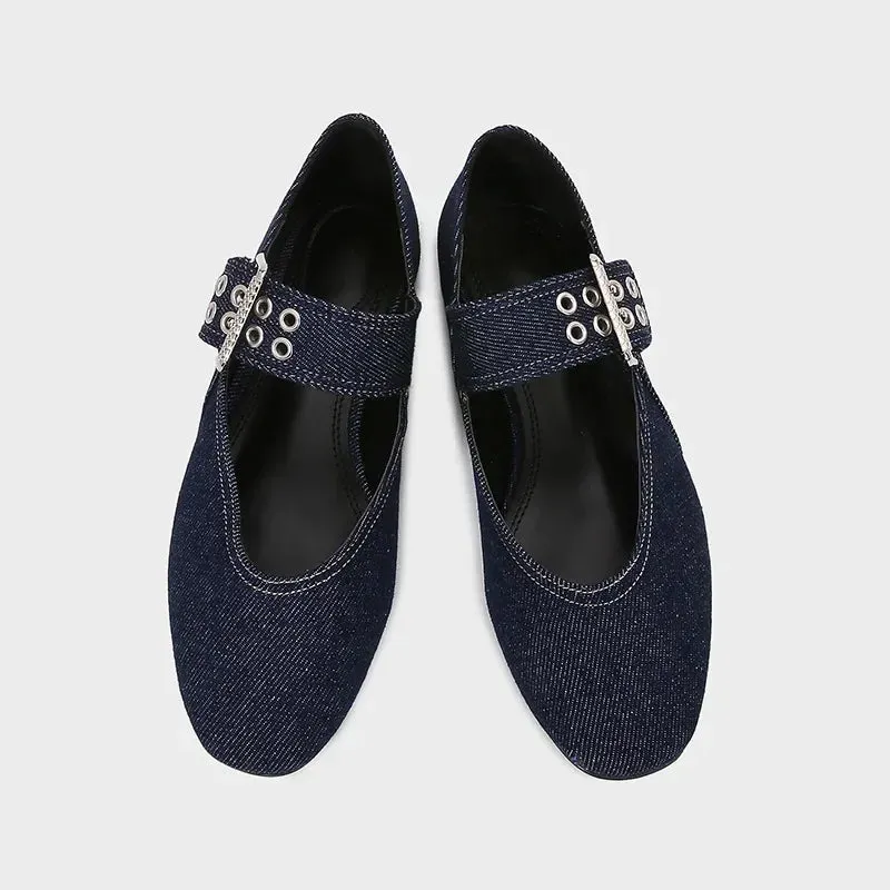 ADVBRIDGE  -  Denim Blue Flat Ballet Flats Women Fashion Metal Buckle Strap Design Flats Shoes Light Breathable Mary Jane Shoe Designer Shoes