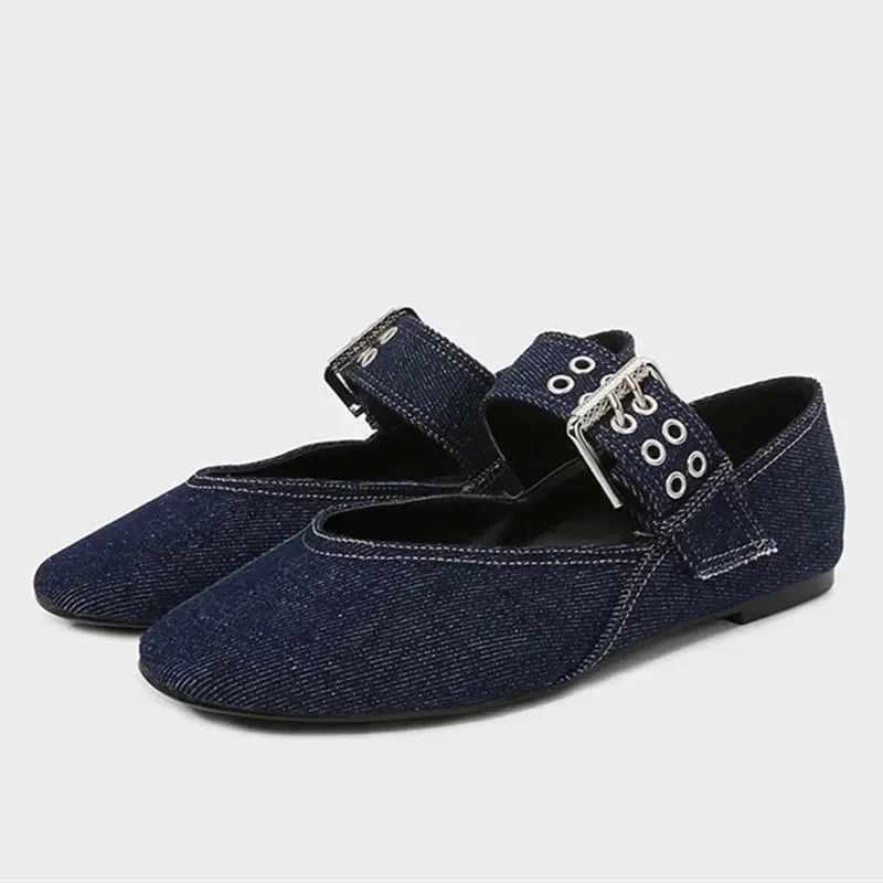 ADVBRIDGE  -  Denim Blue Flat Ballet Flats Women Fashion Metal Buckle Strap Design Flats Shoes Light Breathable Mary Jane Shoe Designer Shoes