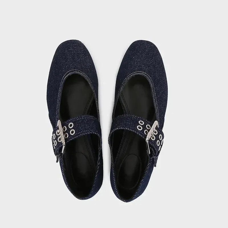 ADVBRIDGE  -  Denim Blue Flat Ballet Flats Women Fashion Metal Buckle Strap Design Flats Shoes Light Breathable Mary Jane Shoe Designer Shoes