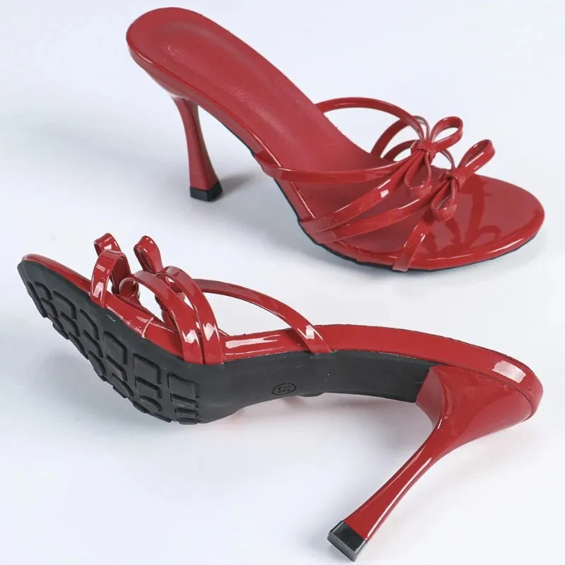 ADVBRIDGE  -  High Quality Patent Leather Bow Women Sandals Round Toe Open Toe Thin Heel Slide Sandals Fashion Comfortable Heeled Shoes Woman