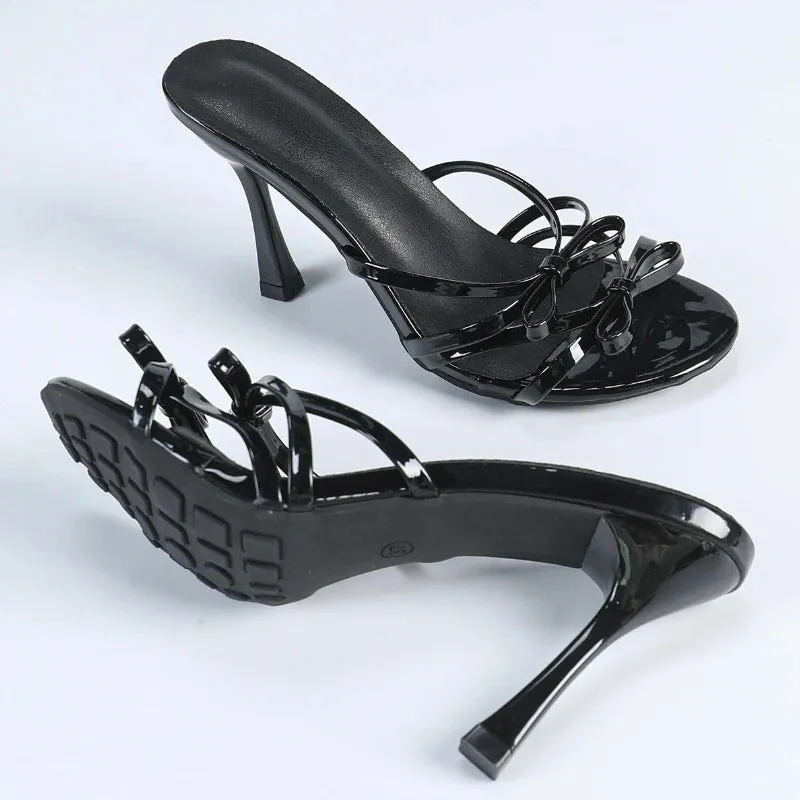 ADVBRIDGE  -  High Quality Patent Leather Bow Women Sandals Round Toe Open Toe Thin Heel Slide Sandals Fashion Comfortable Heeled Shoes Woman