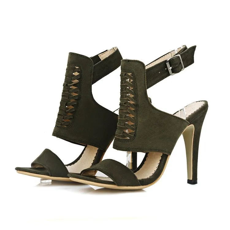Ankle Strap Open Toe Flock Sandals High Heels Shoes Woman 1123