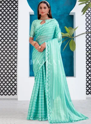 Aqua Blue Crystal Stone Work Embroidery Silk Saree