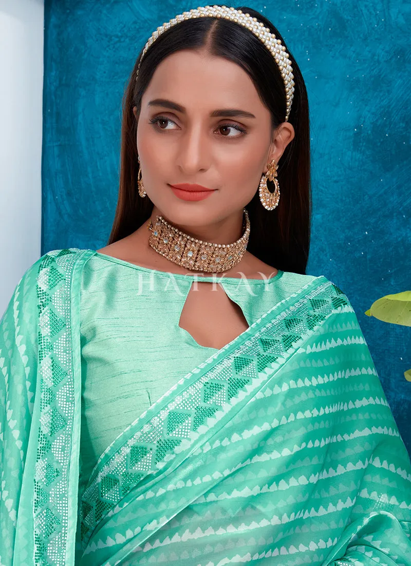 Aqua Blue Crystal Stone Work Embroidery Silk Saree