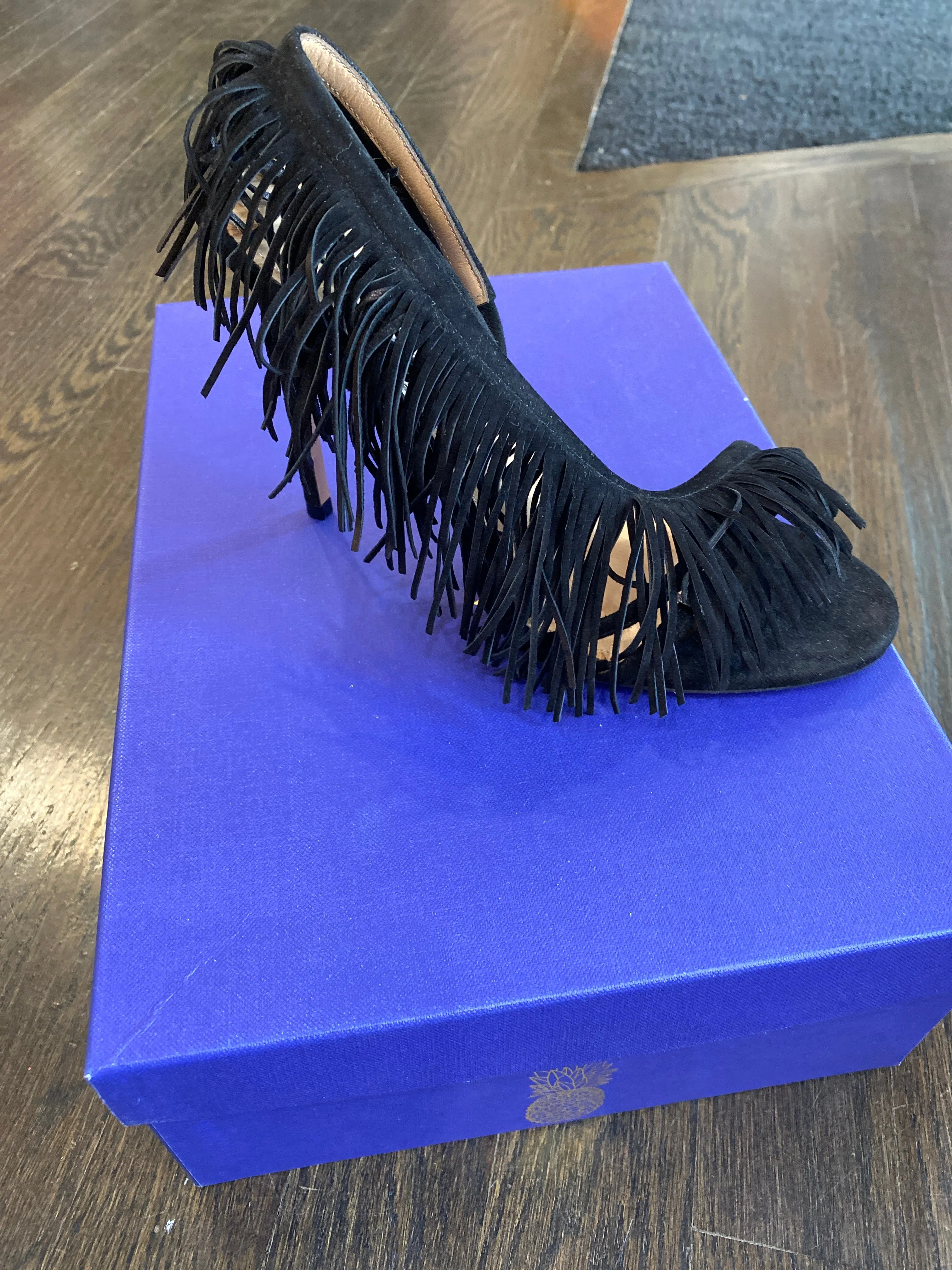 Aquazzura Black Suede Fringe Open Toe 'WILD THING' Sandal