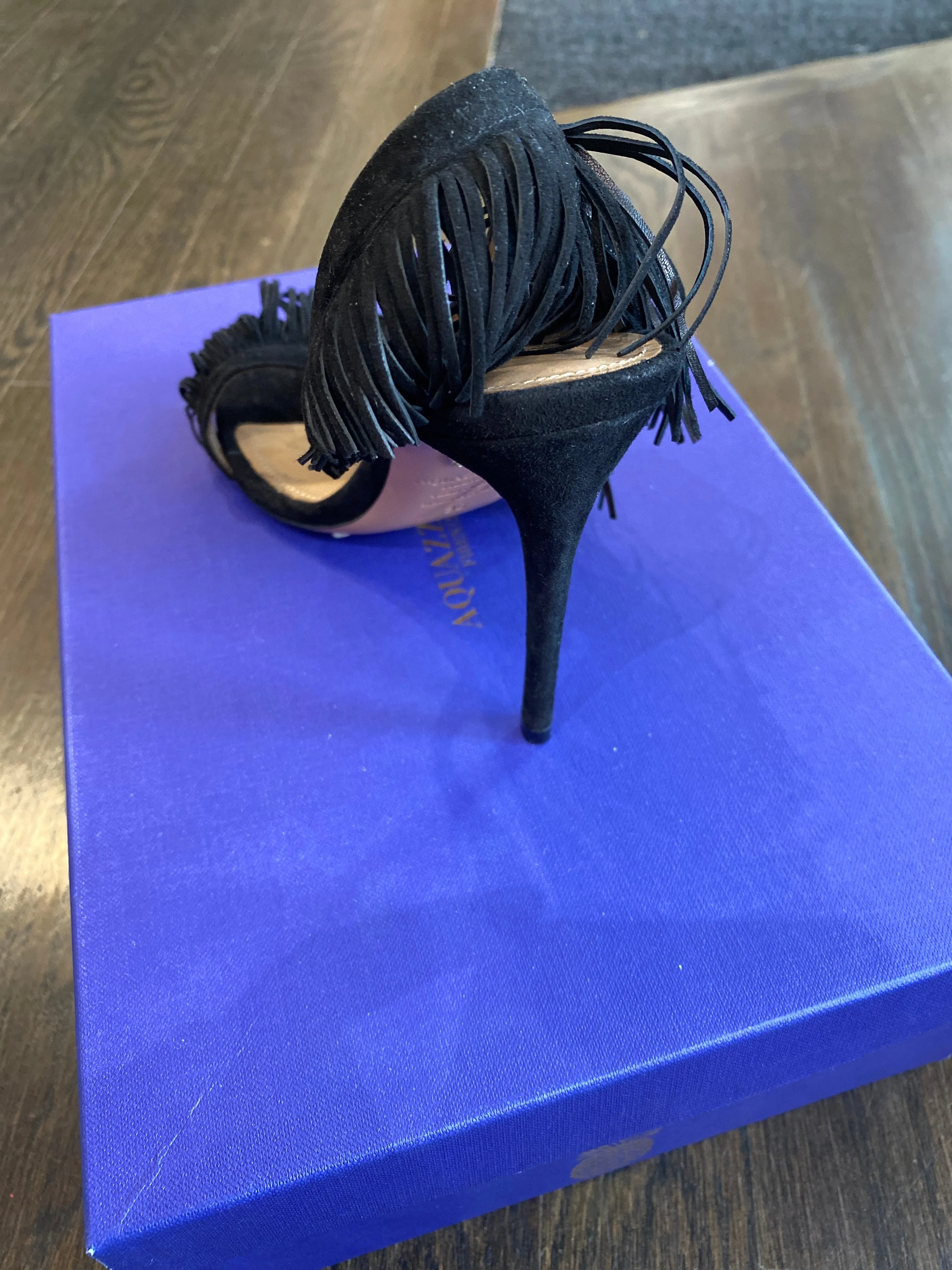 Aquazzura Black Suede Fringe Open Toe 'WILD THING' Sandal