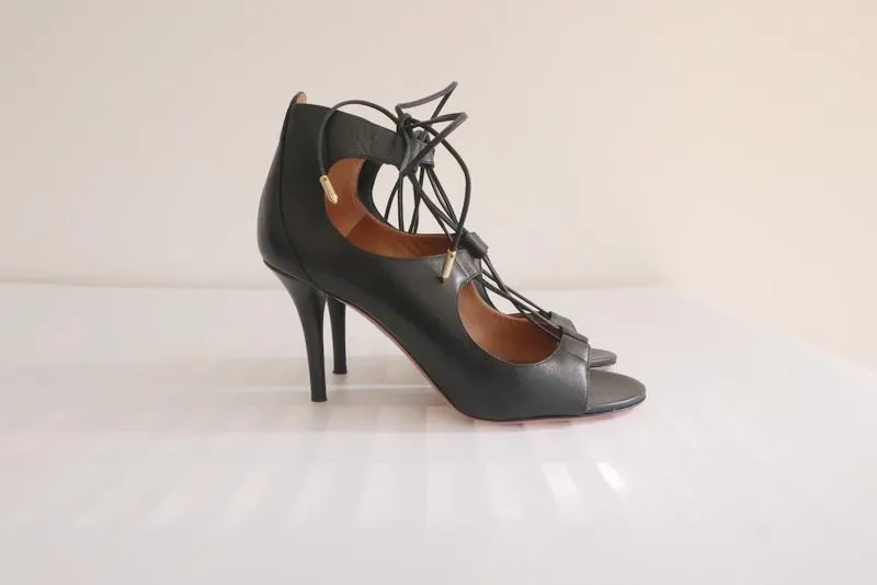 Aquazzura Lace-Up Sandals Christy Black Leather Size 36.5 Open Toe Heel