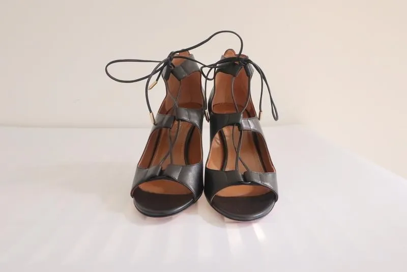 Aquazzura Lace-Up Sandals Christy Black Leather Size 36.5 Open Toe Heel