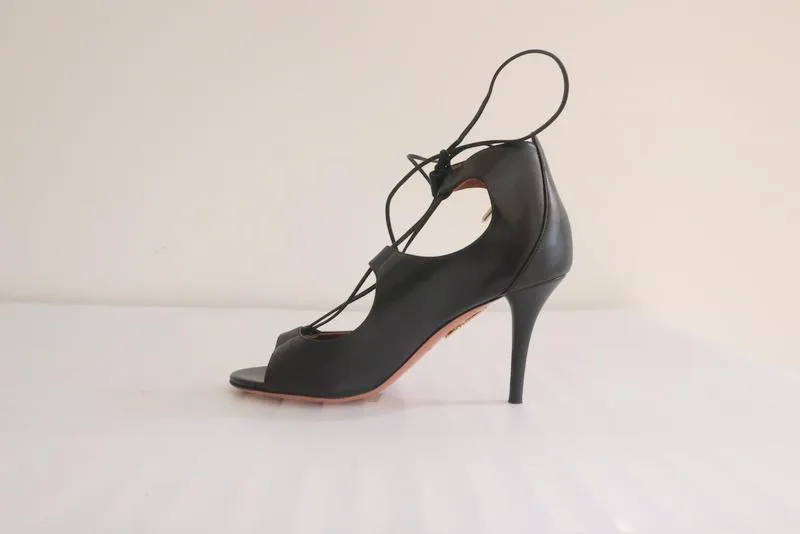 Aquazzura Lace-Up Sandals Christy Black Leather Size 36.5 Open Toe Heel