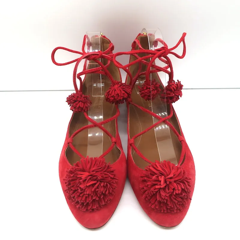 Aquazzura Sunshine Pom Pom Lace-Up Flats Red Suede Size 39.5 NEW