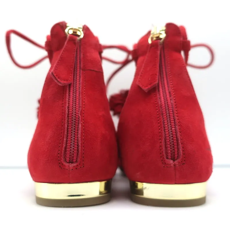 Aquazzura Sunshine Pom Pom Lace-Up Flats Red Suede Size 39.5 NEW