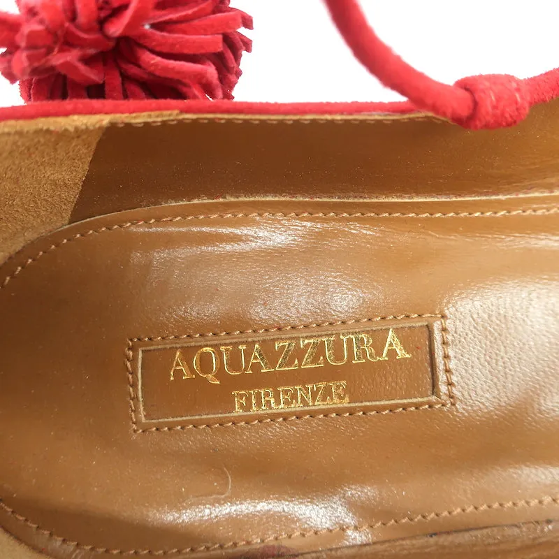 Aquazzura Sunshine Pom Pom Lace-Up Flats Red Suede Size 39.5 NEW