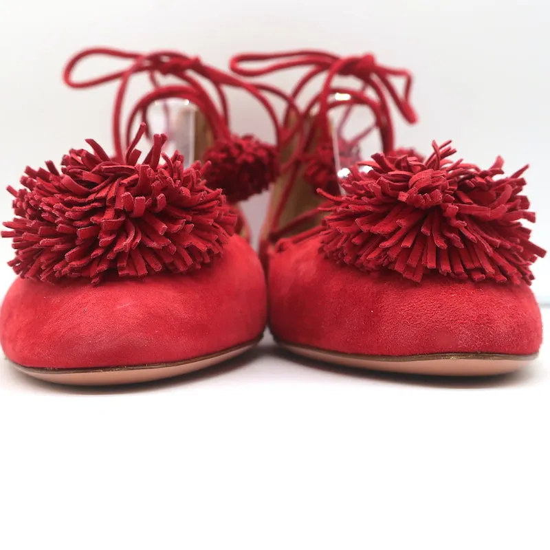 Aquazzura Sunshine Pom Pom Lace-Up Flats Red Suede Size 39.5 NEW