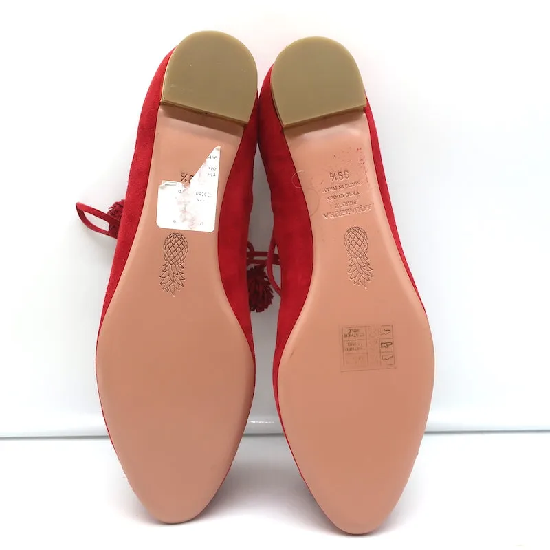 Aquazzura Sunshine Pom Pom Lace-Up Flats Red Suede Size 39.5 NEW