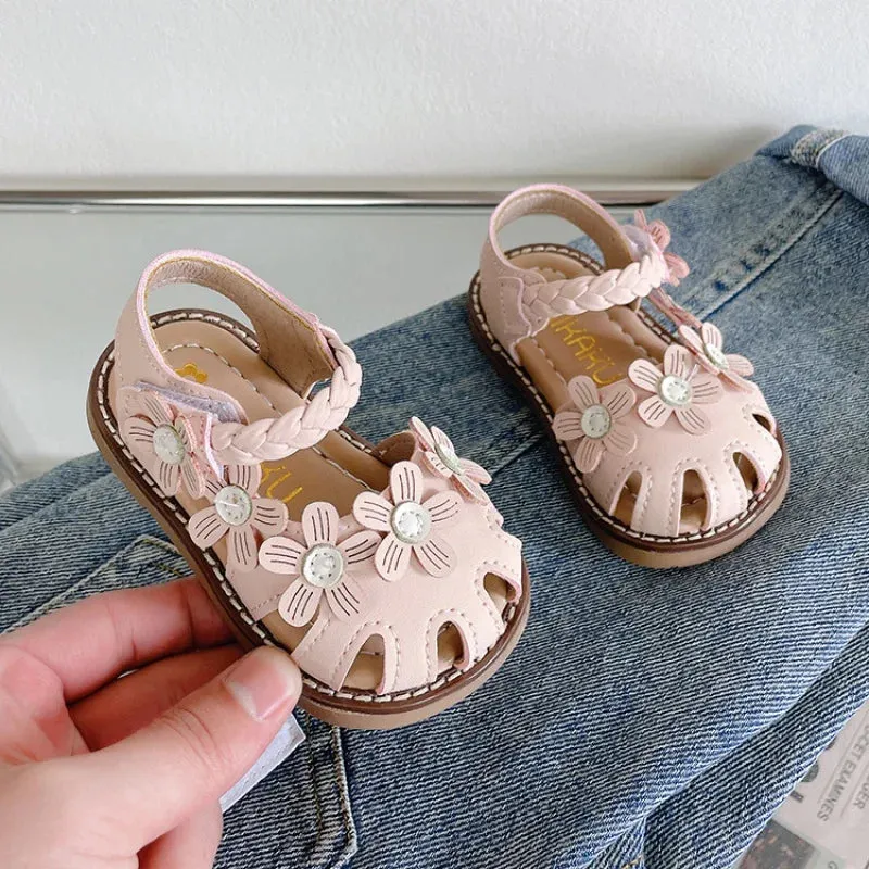 Baby walking shoes summer printed girls' sandals with bun toe