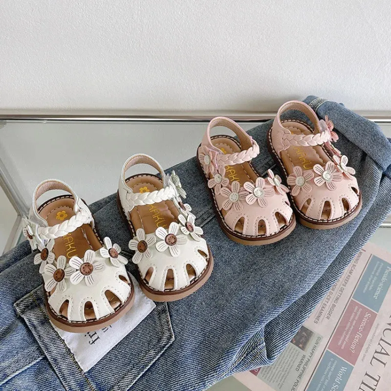 Baby walking shoes summer printed girls' sandals with bun toe