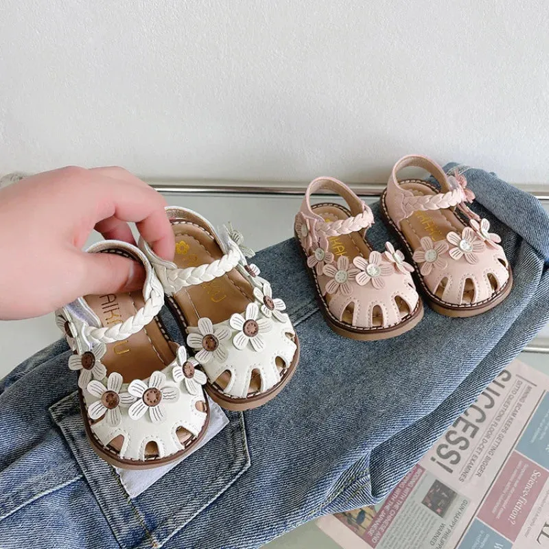 Baby walking shoes summer printed girls' sandals with bun toe