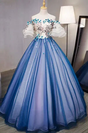 Ball Gown Off The Shoulder Short Sleeves Appliques Hand-Made Flower Tulle Organza Prom Dress/Evening Dress  OHC217