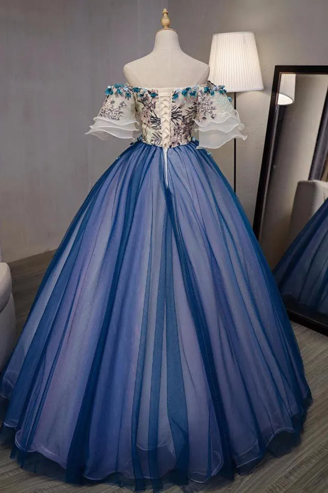 Ball Gown Off The Shoulder Short Sleeves Appliques Hand-Made Flower Tulle Organza Prom Dress/Evening Dress  OHC217