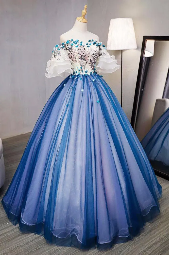 Ball Gown Off The Shoulder Short Sleeves Appliques Hand-Made Flower Tulle Organza Prom Dress/Evening Dress  OHC217