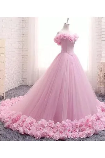 Ball Gown Off-the-shoulder Sweep Train Sleeveless Hand-Made Flower Long Tulle Bridal Gown Wedding Dresses OHD150