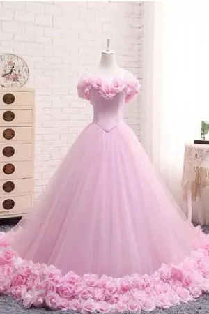 Ball Gown Off-the-shoulder Sweep Train Sleeveless Hand-Made Flower Long Tulle Bridal Gown Wedding Dresses OHD150