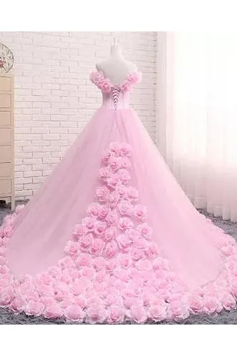 Ball Gown Off-the-shoulder Sweep Train Sleeveless Hand-Made Flower Long Tulle Bridal Gown Wedding Dresses OHD150