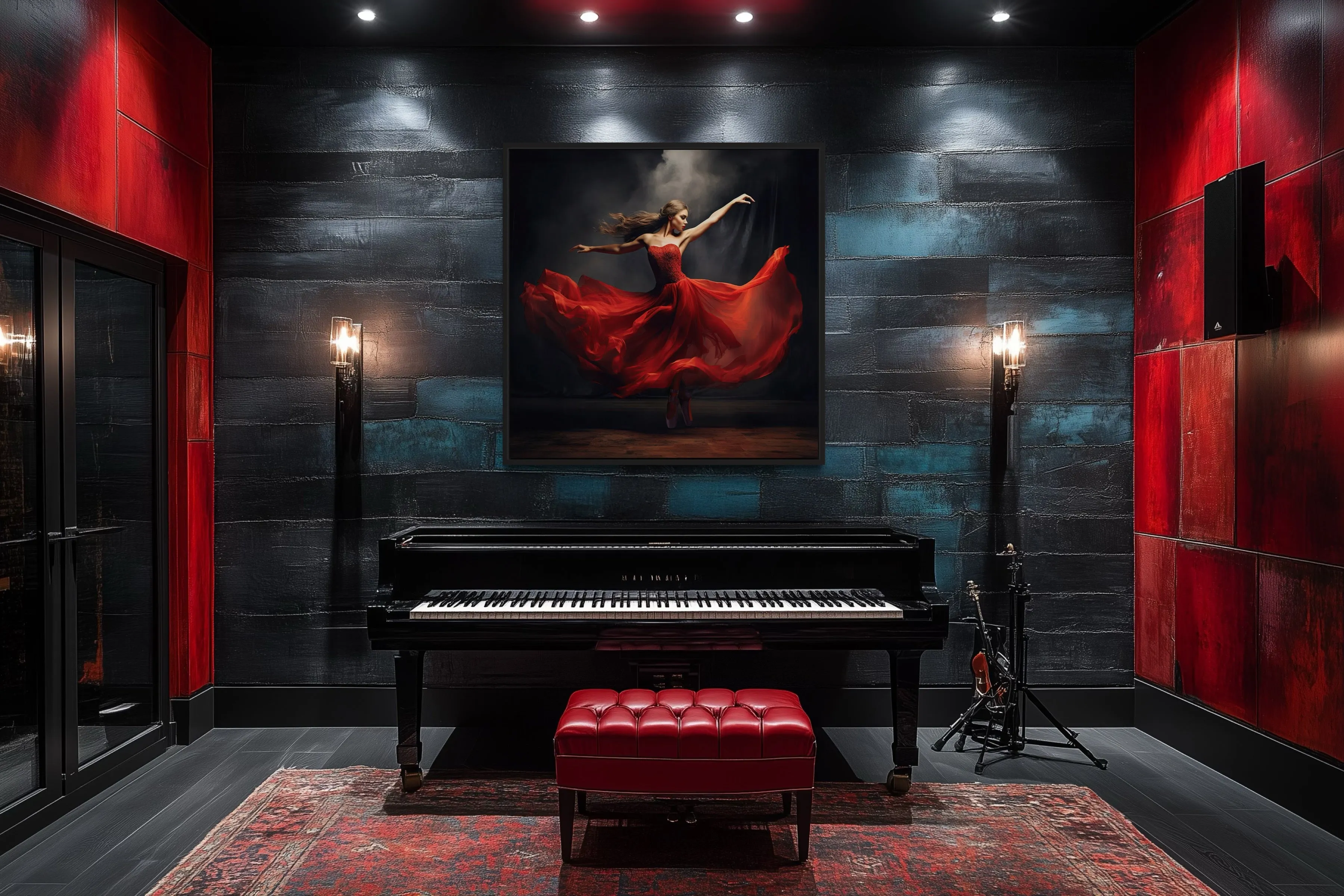 Ballerina In Red Dress Dancing Framed Canvas Wall Art