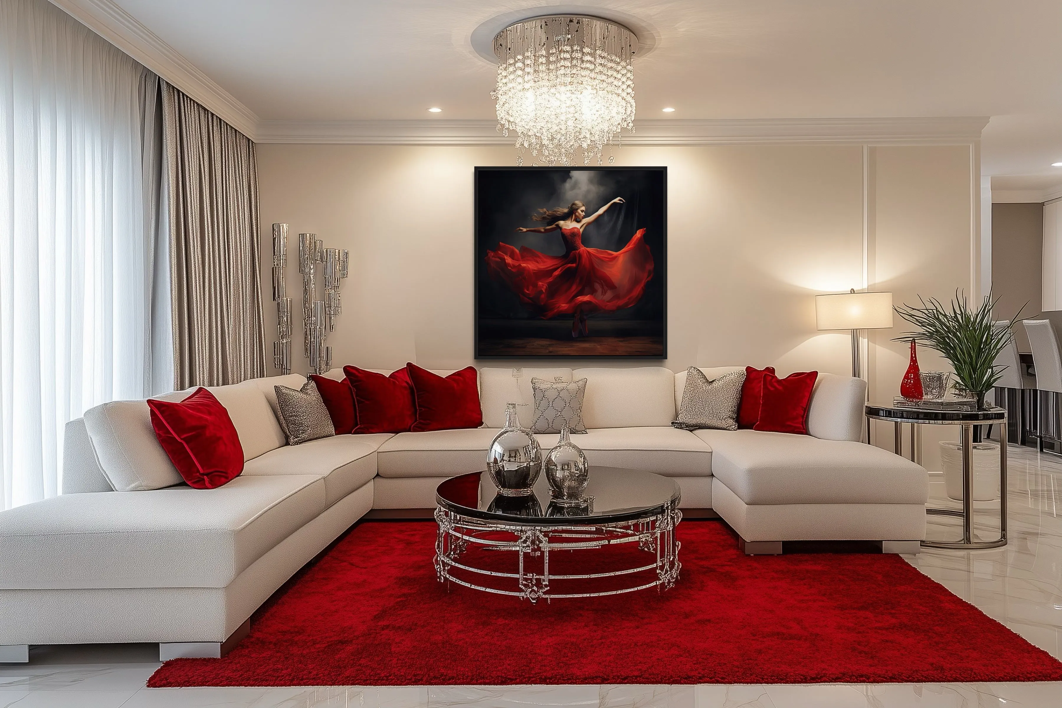 Ballerina In Red Dress Dancing Framed Canvas Wall Art