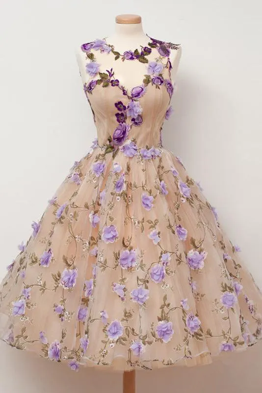 Beautiful A line Knee-length Sleeveless Lace Tulle Homecoming Dresses Short Prom Dress Party Dress OHM113