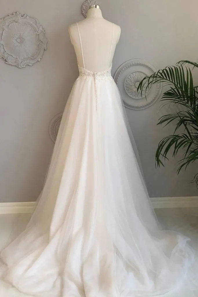 Beautiful A Line White Tulle Backless Long Lace Formal Prom Dress Wedding Dress OHC411