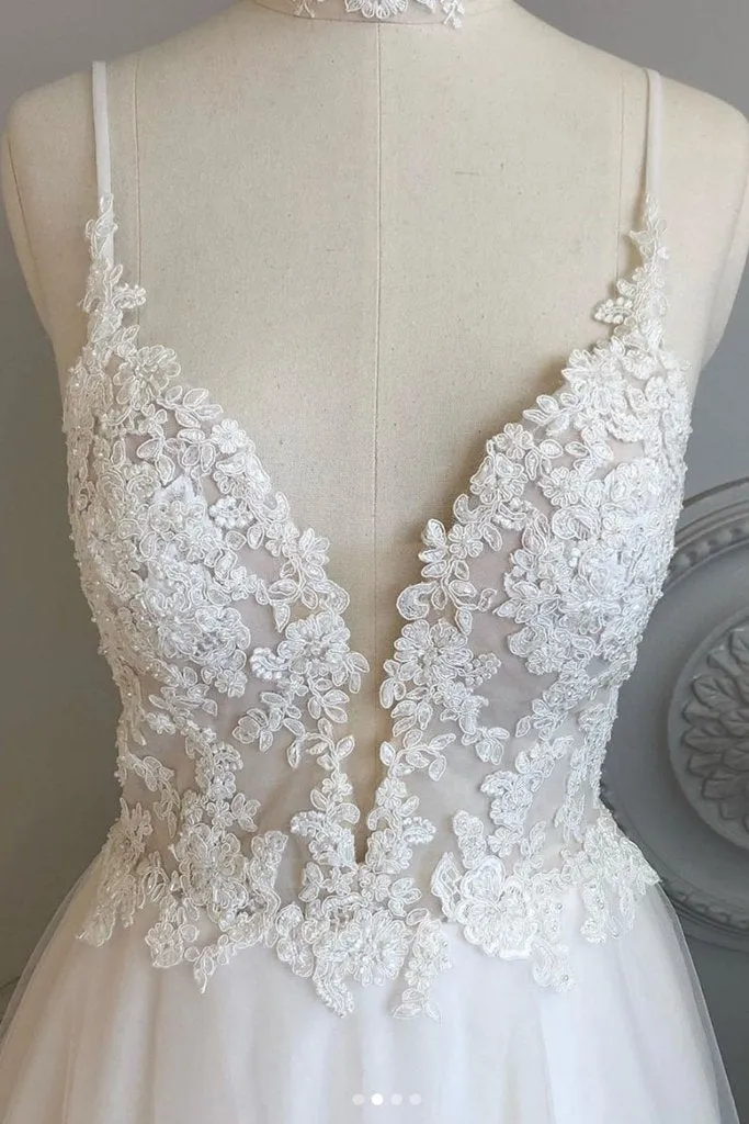 Beautiful A Line White Tulle Backless Long Lace Formal Prom Dress Wedding Dress OHC411