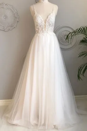 Beautiful A Line White Tulle Backless Long Lace Formal Prom Dress Wedding Dress OHC411