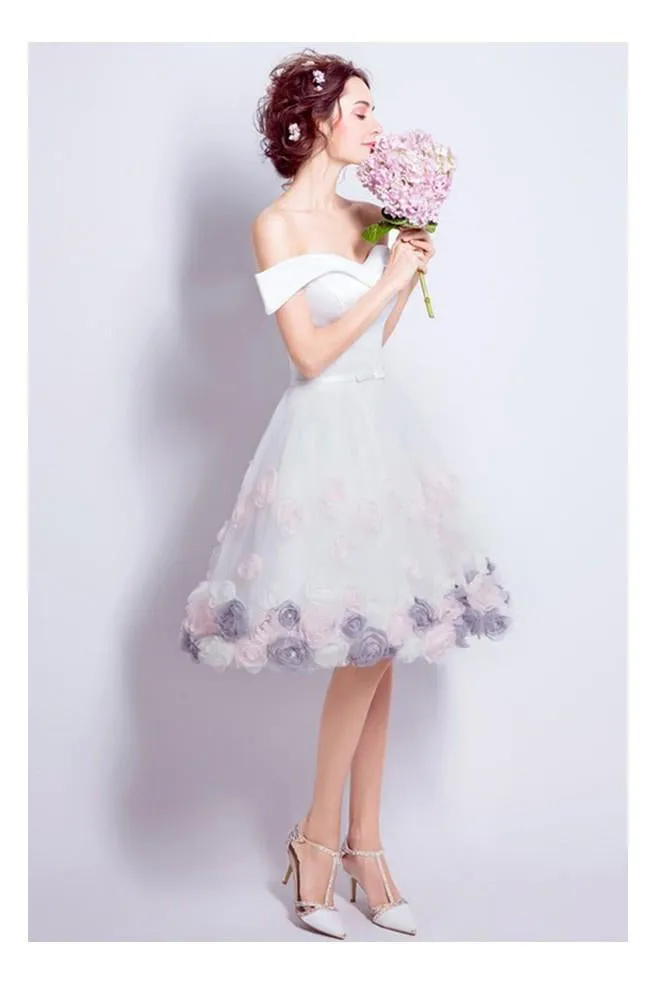 Beautiful Homecoming Dresses A-line Off The Shoulder Sleeveless Tulle Floral Short Prom Dress Party Dress OHM118